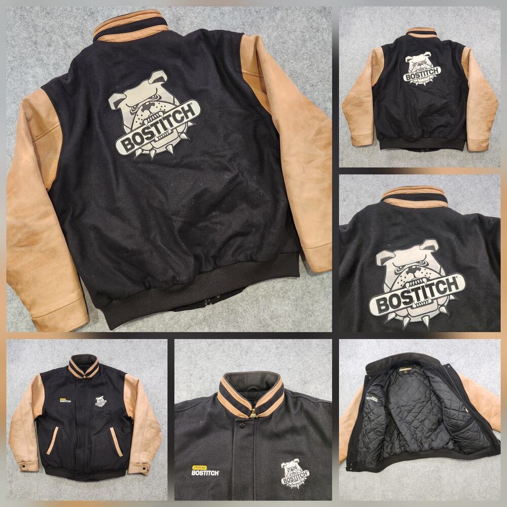 VTG Bostitch Jacket Mens Large Leather Sleeve Wool Varsity Bomber Stanley Tools